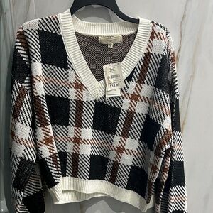 Cozy Plaid V-Neck Sweater - Black, White, and Brown